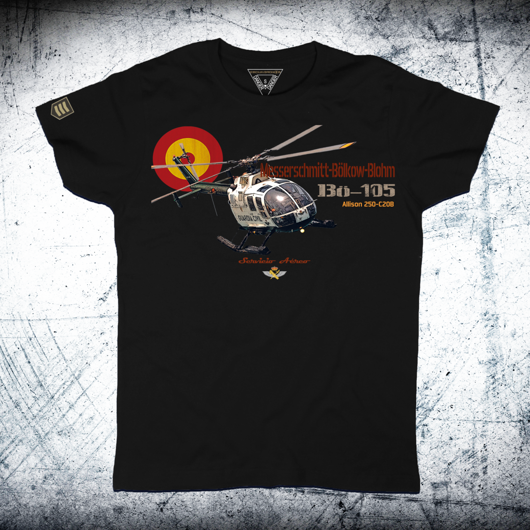 Camiseta Helicóptero Bölkow Bö-105 Guardia Civil - Color Negro - Servicio Aéreo GC
