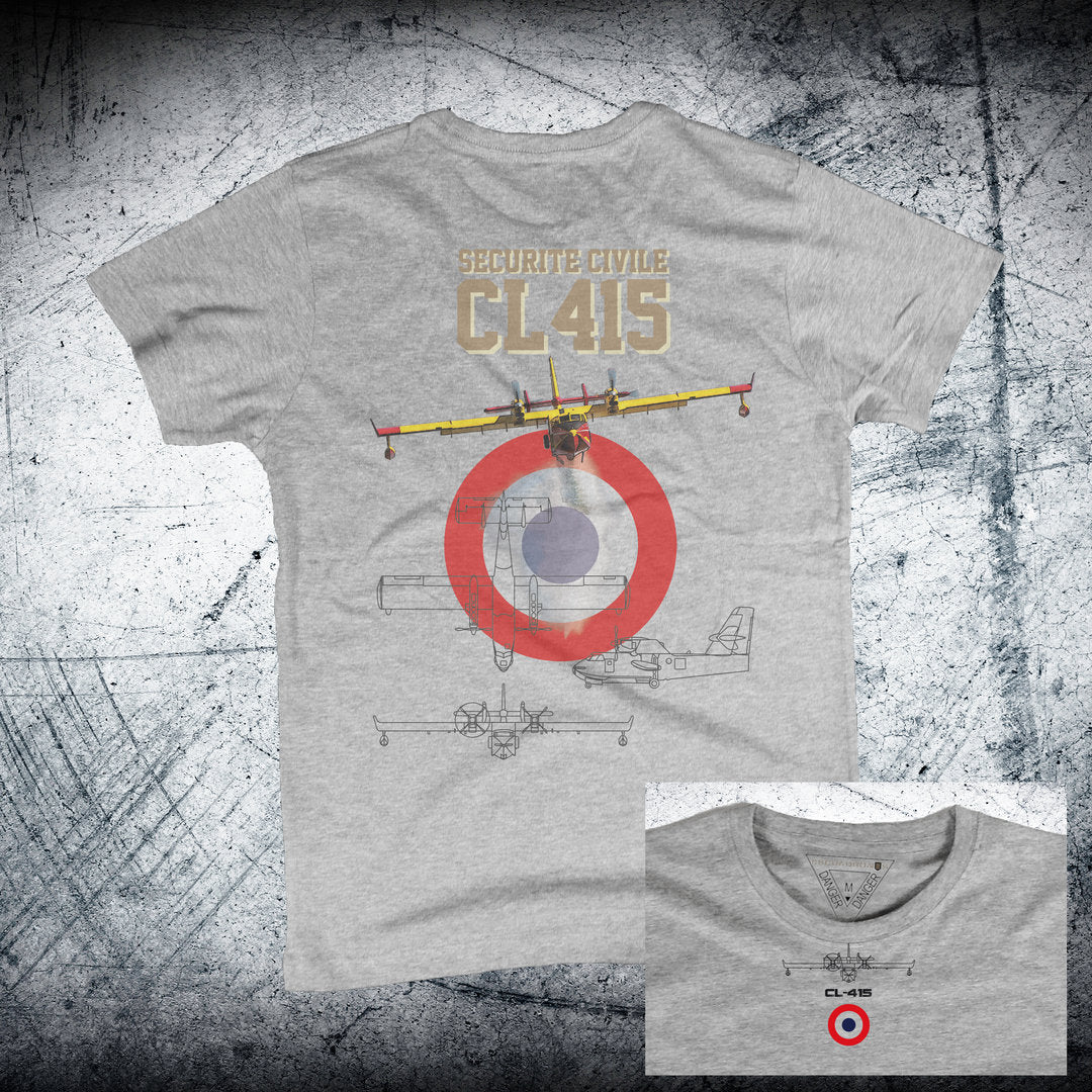 Camiseta Bombardier CL-415 Sécurité Civile escarapela trasera color gris vigore - Avión anfibio bomberos forestales
