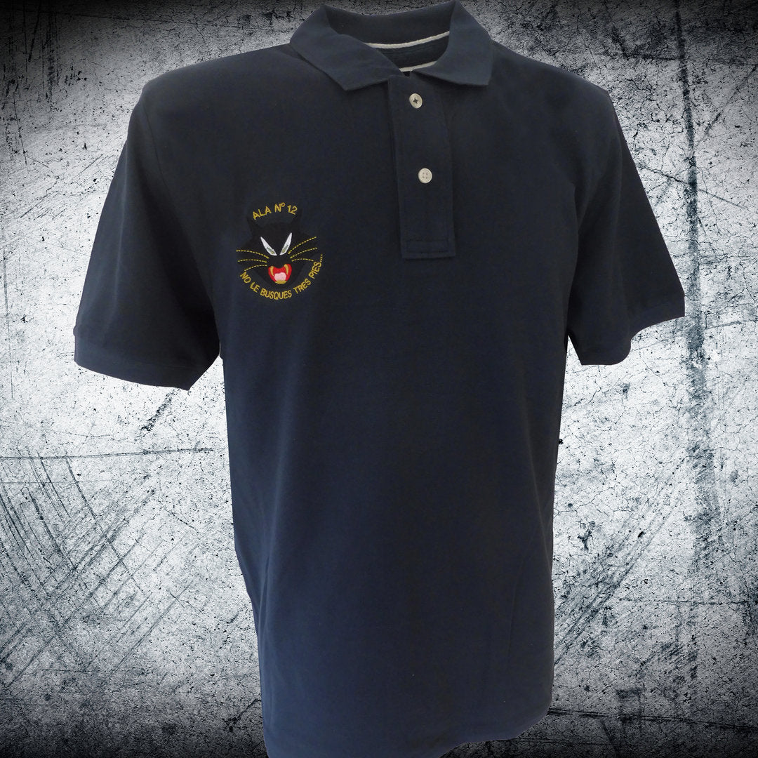 Polo piqué de algodón con emblema Gato Ala 12 bordado en el pecho del F-18 Hornet del Ejército del Aire de Torrejón