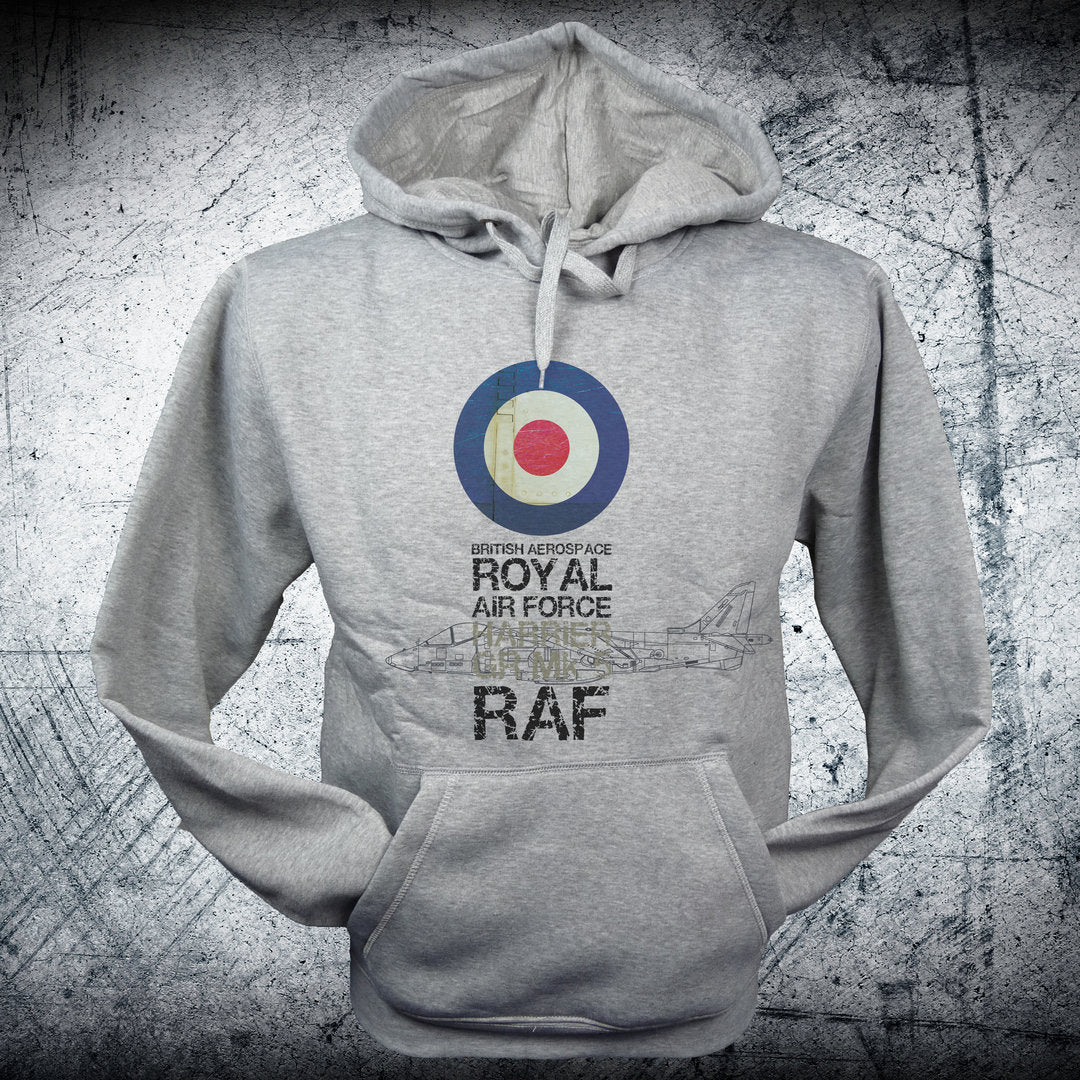 Sudadera HARRIER British Aerospace RAF premium. Diseño exclusivo avión VTOL británico. Felpa suave 600g, capucha ajustable. Royal Air Force. Calidad superior.
