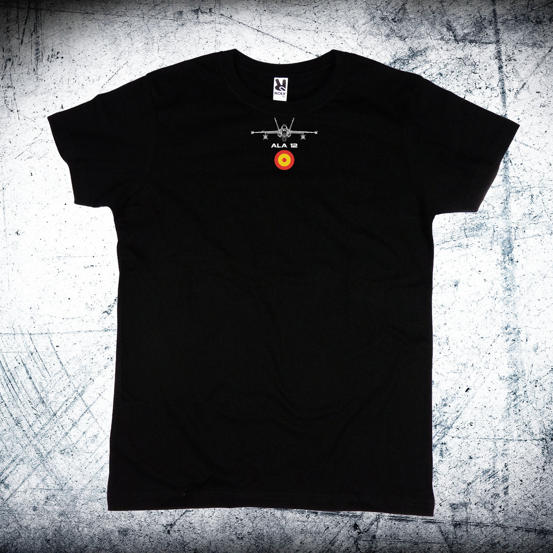 Camiseta negra 100% algodón Ala 12 con estampación HD de la escarapela española en la parte trasera del Ejército del Aire de Torrejón