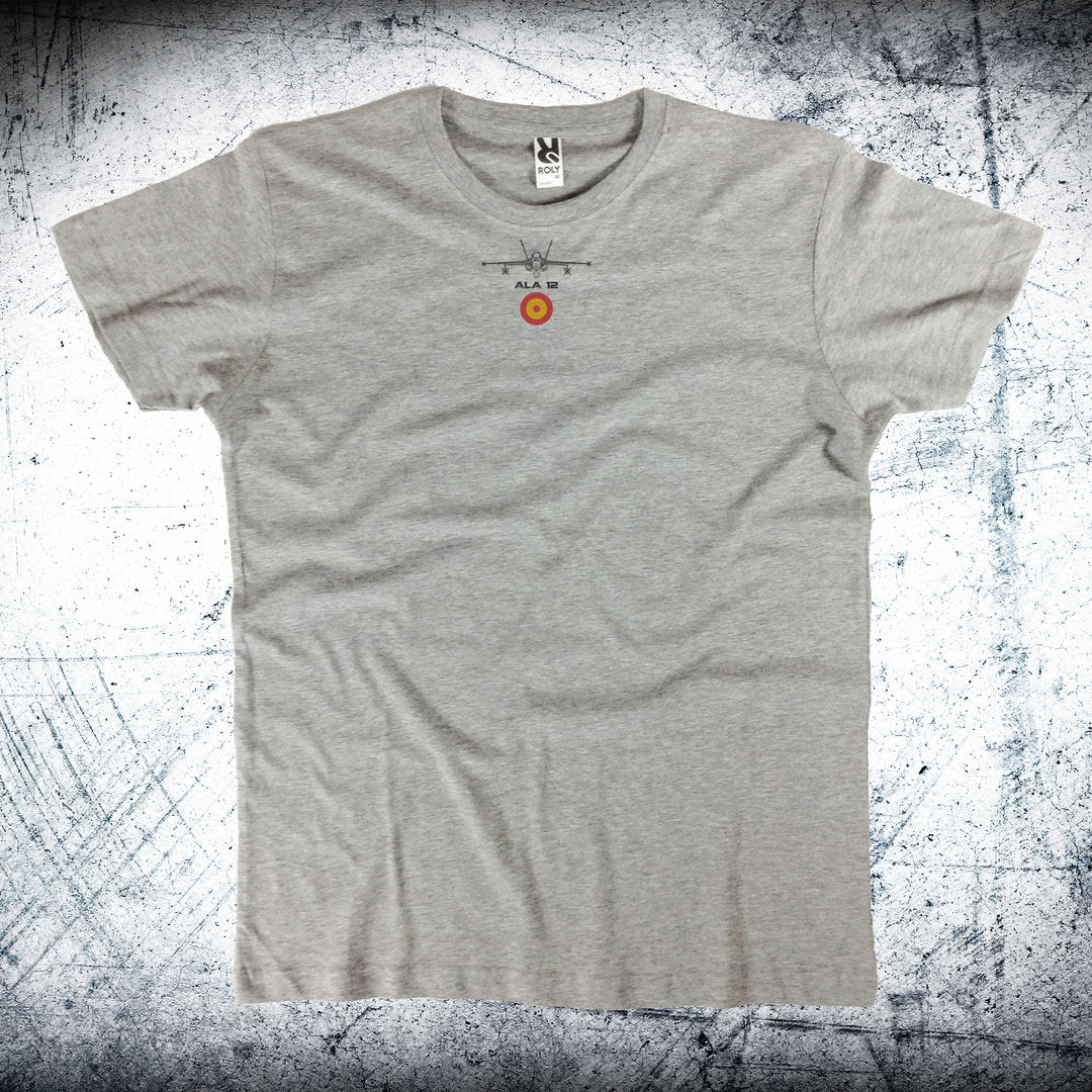 Camiseta gris 100% algodón Ala 12 con estampación HD del emblema CREW equipo de vuelo del F-18 Hornet en la parte trasera del Ejército del Aire de Torrejón