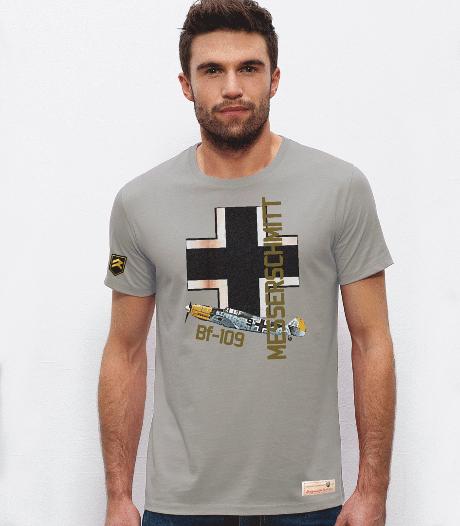Camiseta WWII Messerschmitt Bf-109E Premium gris con logo bordado - Vista frontal
