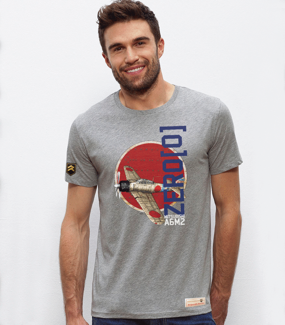 Camiseta WWII Zero A6M2 Premium gris vigoré con logo bordado - Vista frontal
