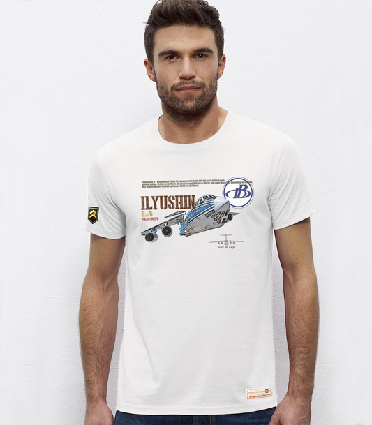 Camiseta Ilyushin IL-76 Volga-Dnepr premium blanca - Avión carguero estratégico ruso
