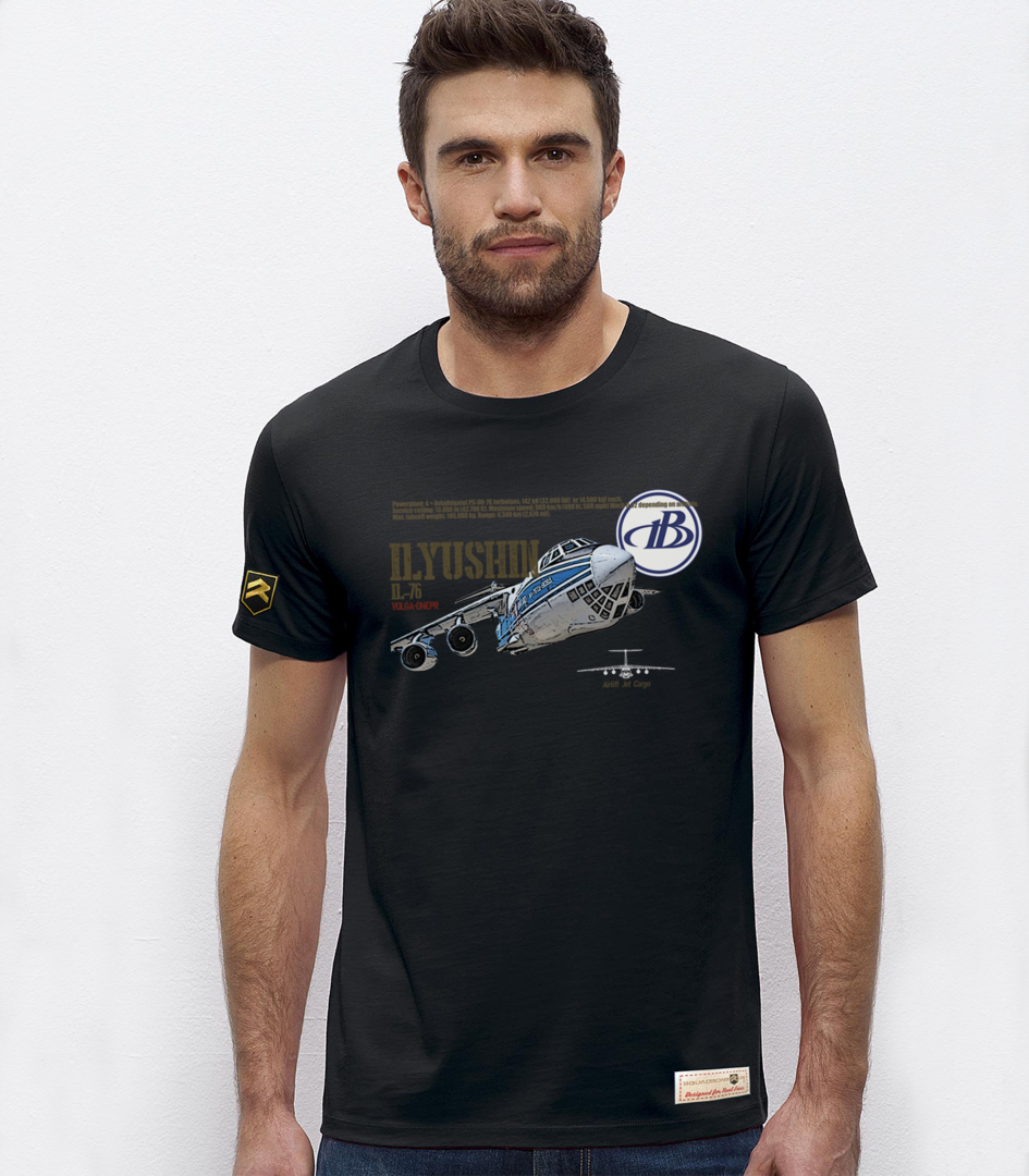 Camiseta Ilyushin IL-76 Volga-Dnepr premium negra - Transporte aéreo carga pesada
