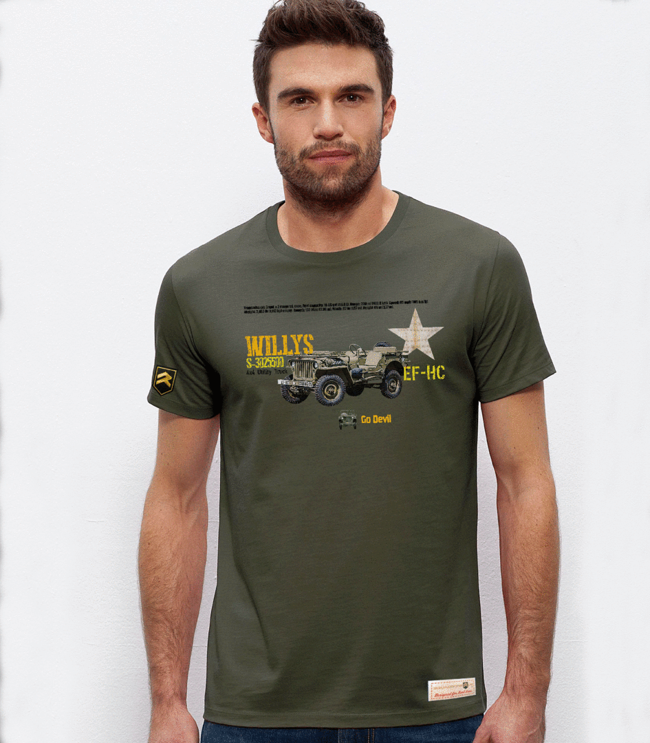 Camiseta premium Jeep Willys ARMY USA caqui - Diseño vehículo militar legendario U.S. Army Segunda Guerra Mundial
