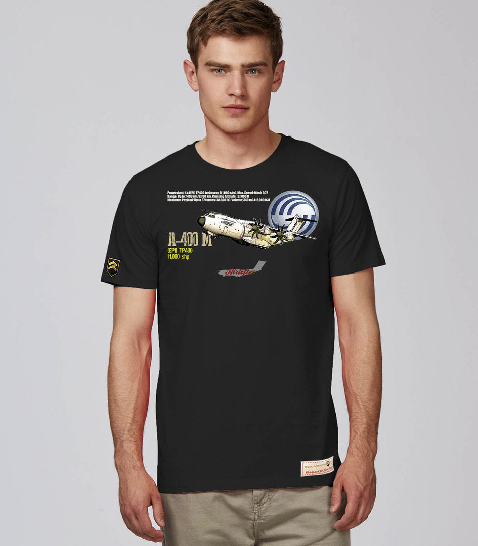 Camiseta A400M Atlas premium negra - Avión transporte militar Ejército del Aire España
