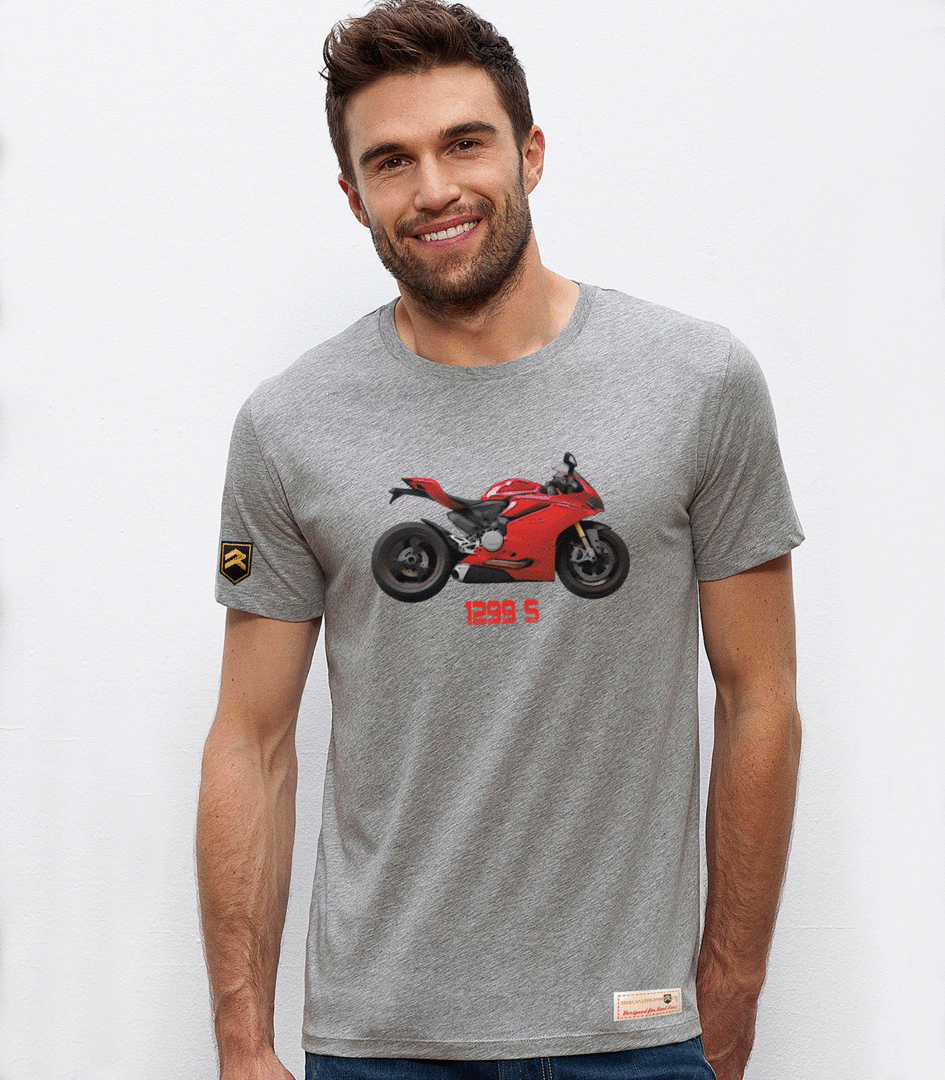 Camiseta gris jaspeado Ducati 1299 S celebrando la legendaria superbike italiana
