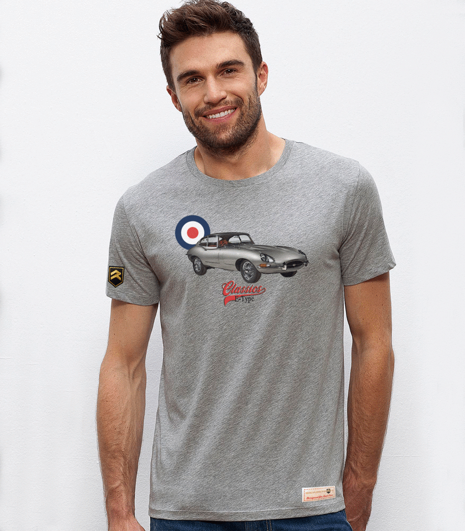 Camiseta Jaguar E-Type Classics color gris jaspeado - Diseño vintage coche clásico británico algodón orgánico OCS
