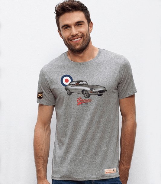 Camiseta Jaguar E-Type Classics color gris jaspeado - Diseño vintage coche clásico británico algodón orgánico OCS
