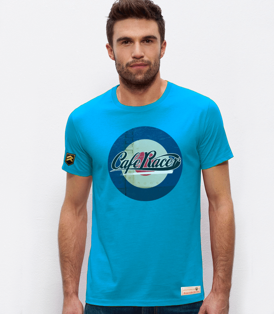 Camiseta azur Café Racer UK inspirada en la cultura motera británica de los años 60

