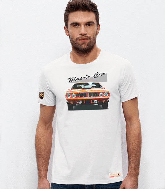 Camiseta Muscle Car II color blanco - Diseño vintage muscle car americano algodón orgánico OCS