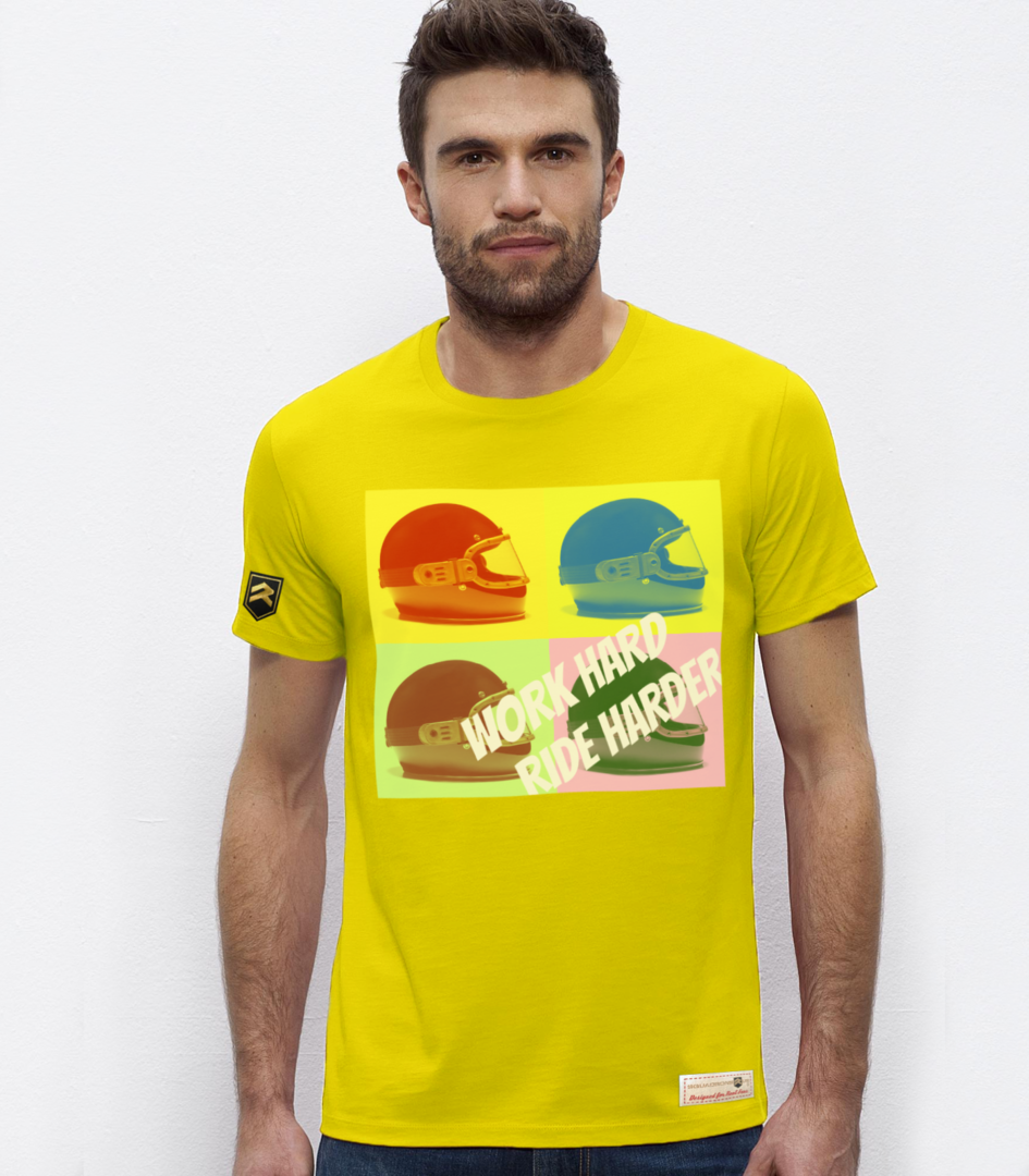 Camiseta amarilla WORK HARD, RIDE HARDER con mensaje motivacional para moteros
