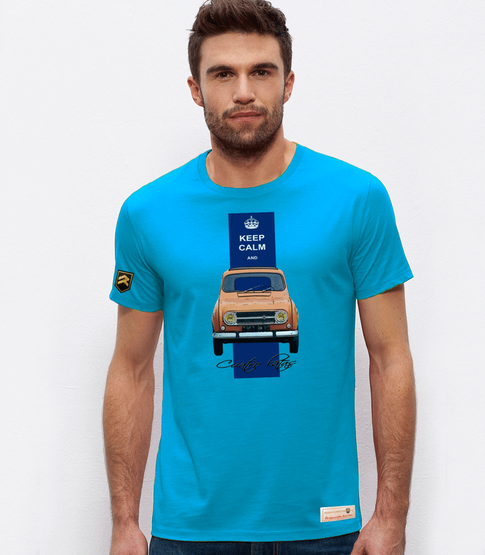 Camiseta R4 Keep Calm color azur - Diseño vintage Renault 4 algodón orgánico OCS
