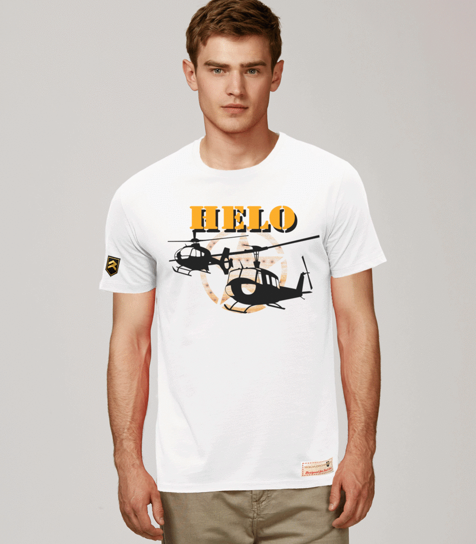 Camiseta militar ARMY HELO - Fotografía aeronáutica helicóptero ejército, color blanco
