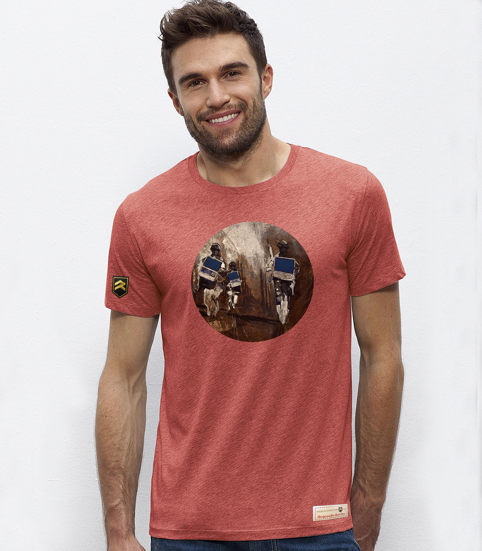 Camiseta rojo jaspeado 2PUNTO0 Colección COLO con diseño artístico de aviación militar
