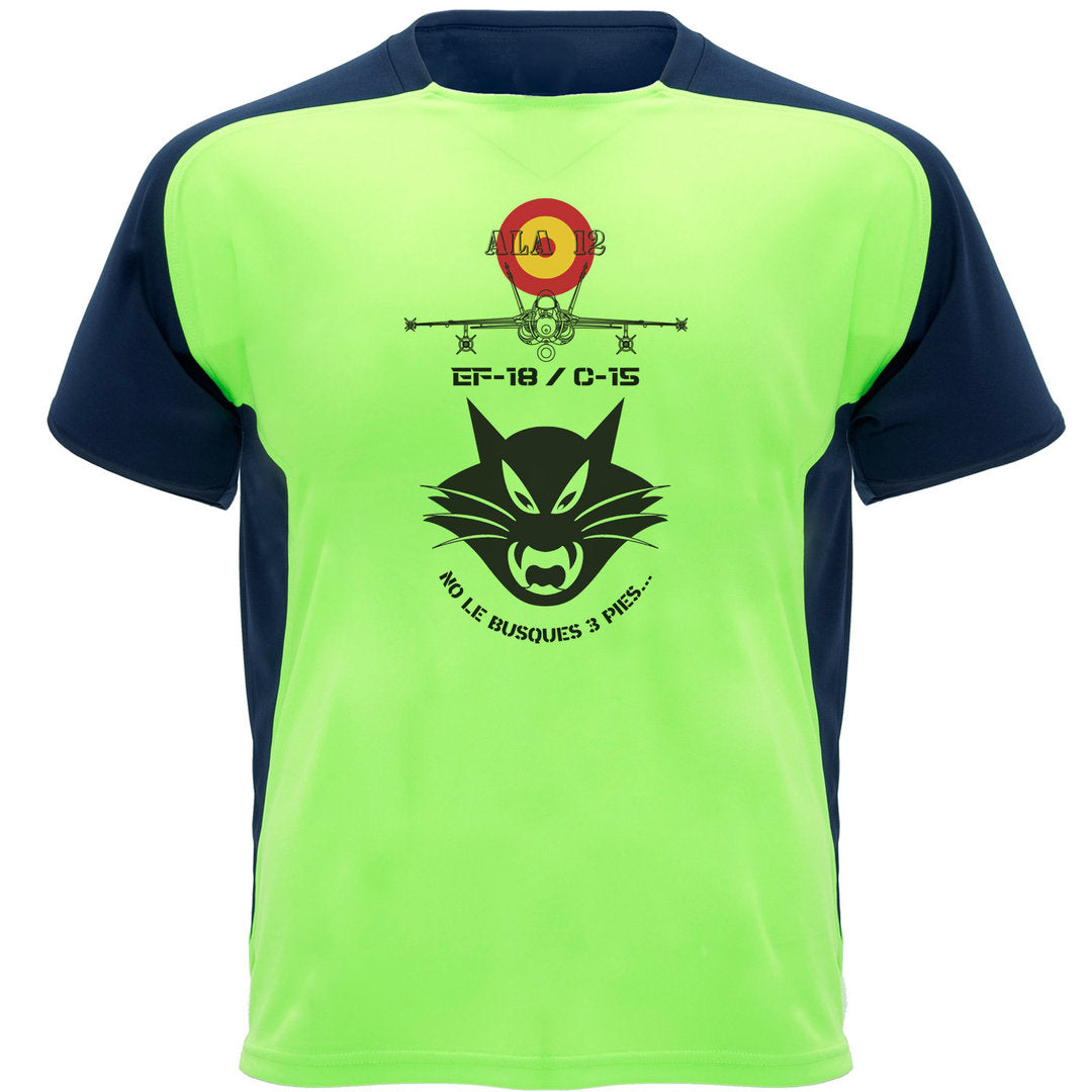 Camiseta técnica Ala 12 con emblema Gato y EF-18 Hornet Heritage, diseño ranglán bicolor transpirable