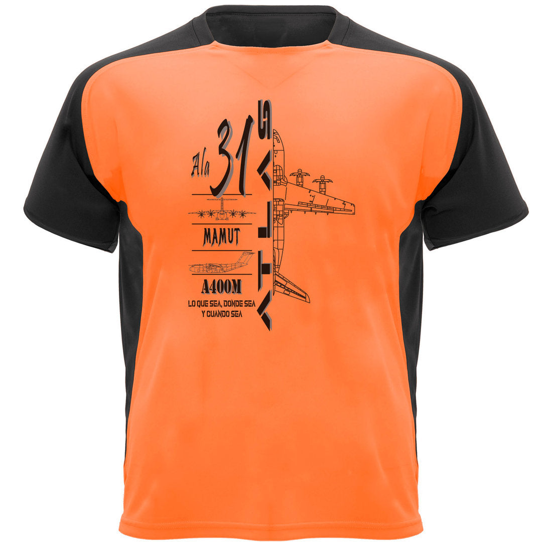 Camiseta deportiva naranja fluor A400M Atlas - detalle manga ranglán Mamut
