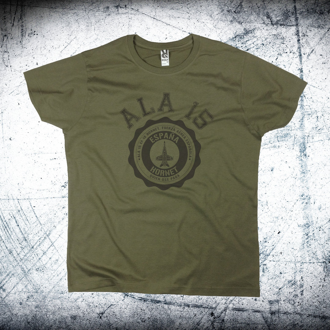 Camiseta Ala 15 Medallón Negro en color Caqui - Diseño exclusivo F-18 Hornet Ejército del Aire España

