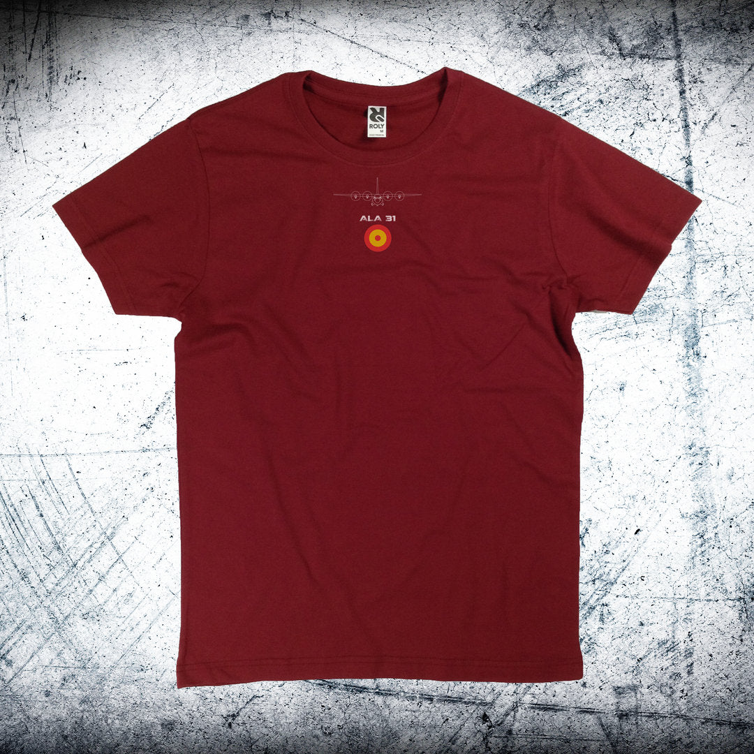 Camiseta Ala 31 C-130 Hercules con escarapela y avión en color Burdeos - Personalizable gratis con nombre y graduación
