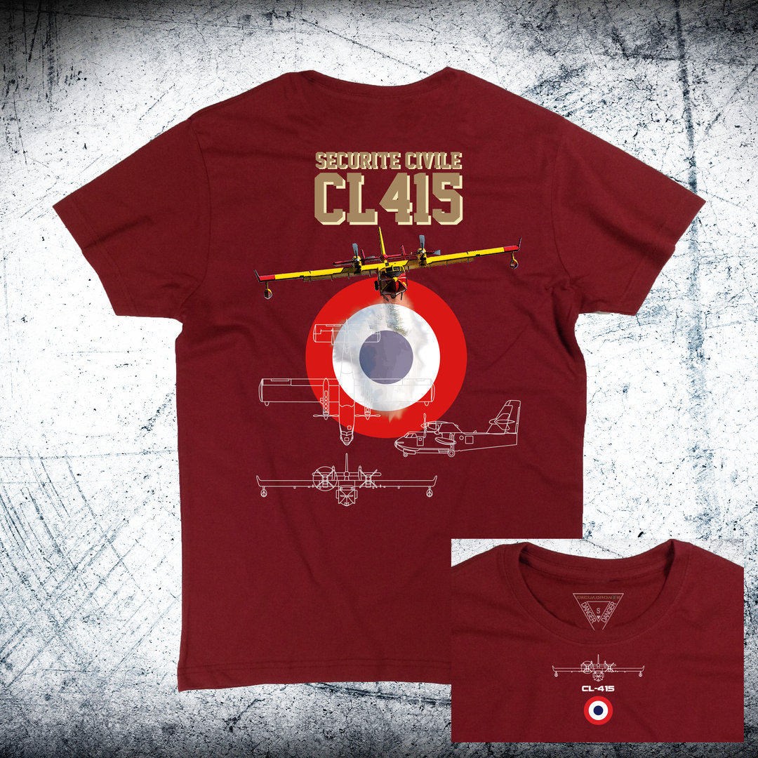 Camiseta Bombardier CL-415 Sécurité Civile escarapela trasera color burdeos - Avión anfibio bomberos forestales
