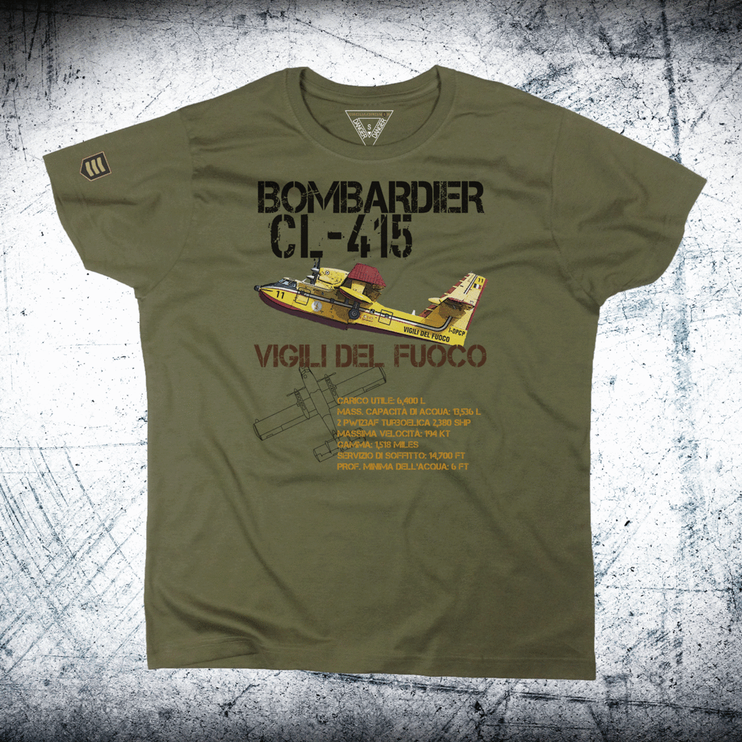 Camiseta CL-415 Vigili del Fuoco en color caqui - Diseño Canadair avión anfibio bomberos Italia
