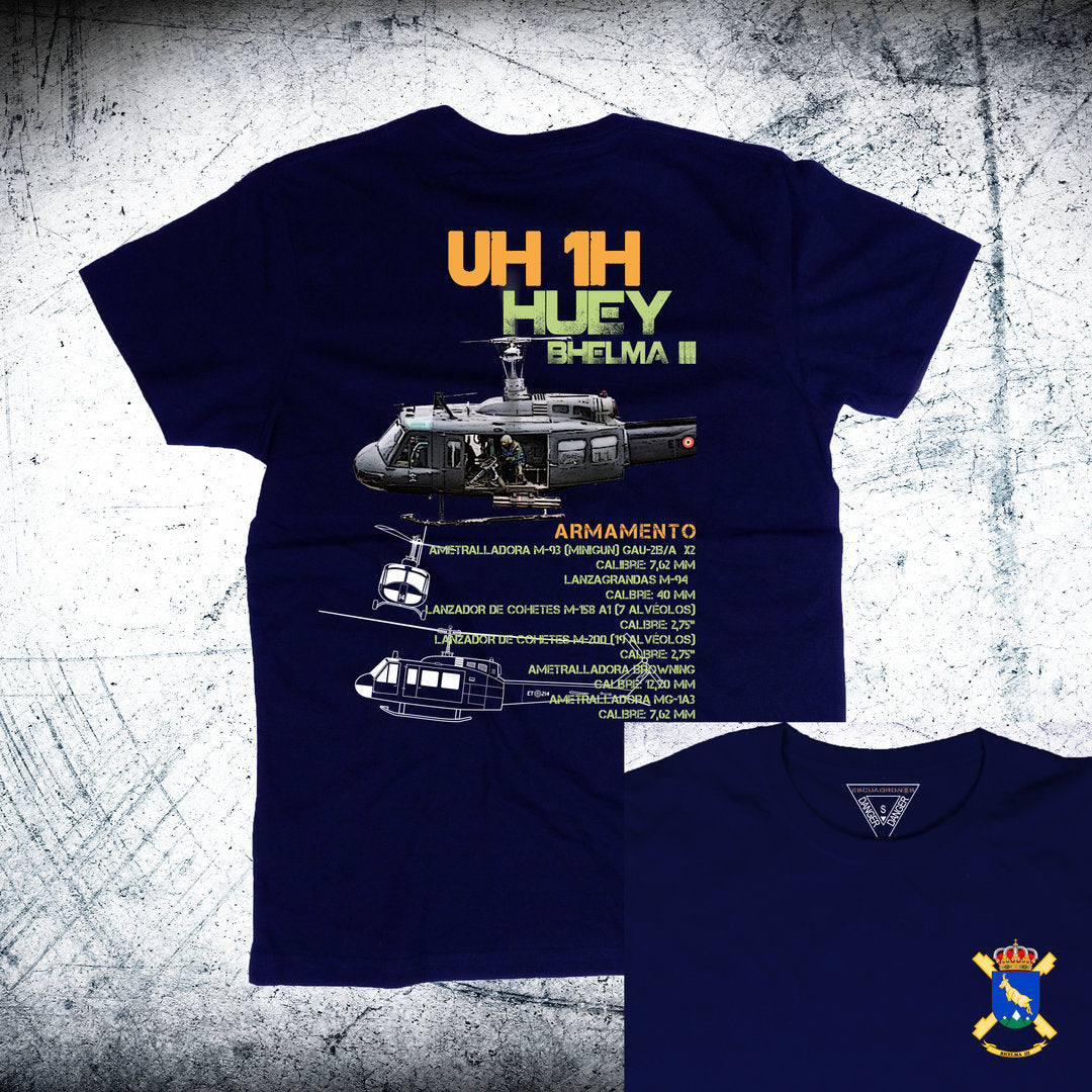Camiseta HUEY BHELMA III Ordnance Trasera color azul marino - Esquema armamento helicóptero FAMET Ejército de Tierra

