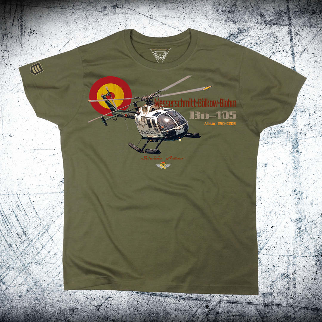 Camiseta Helicóptero Bölkow Bö-105 Guardia Civil - Color Caqui - Servicio Aéreo GC
