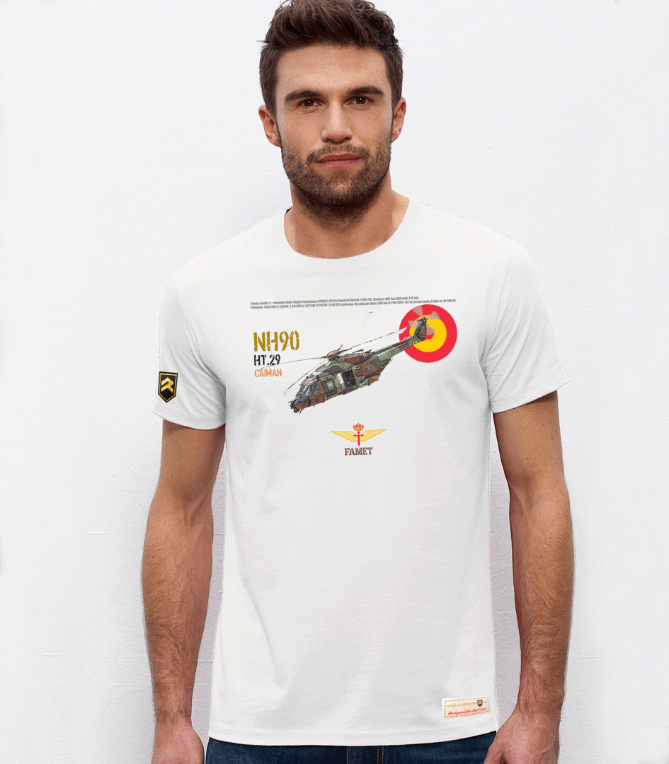 Camiseta premium NH-90 FAMET blanca algodón orgánico - helicóptero Fuerzas Aeromóviles