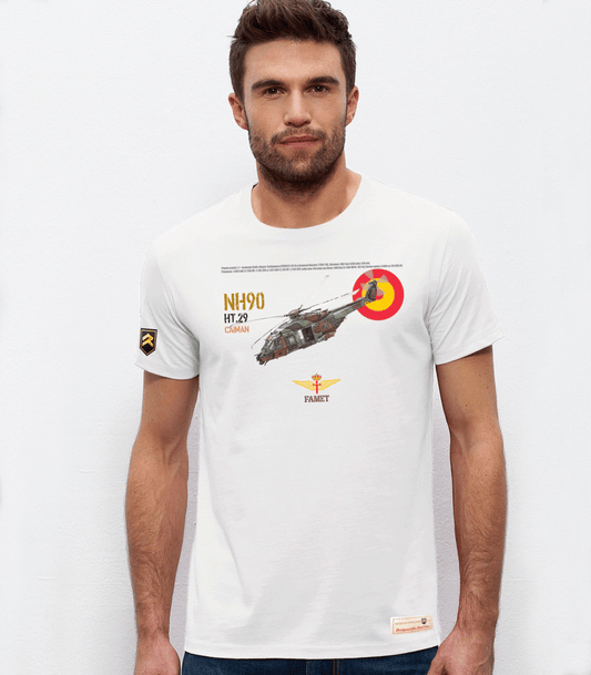 Camiseta premium NH-90 FAMET blanca algodón orgánico - helicóptero Fuerzas Aeromóviles