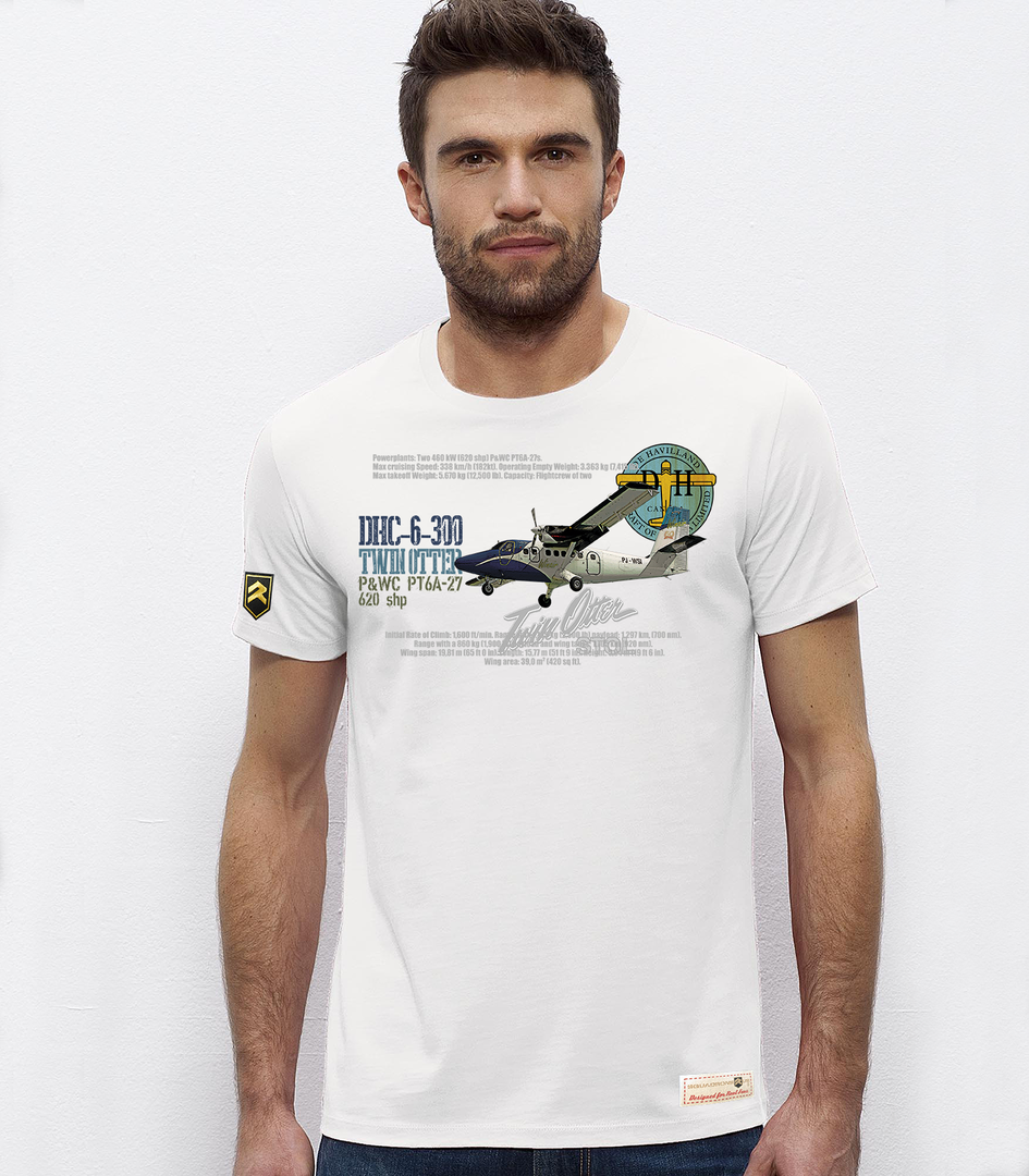 Camiseta PREMIUM DHC-6-300 Twin Otter blanca - Algodón orgánico OCS para pilotos y entusiastas de la aviación
