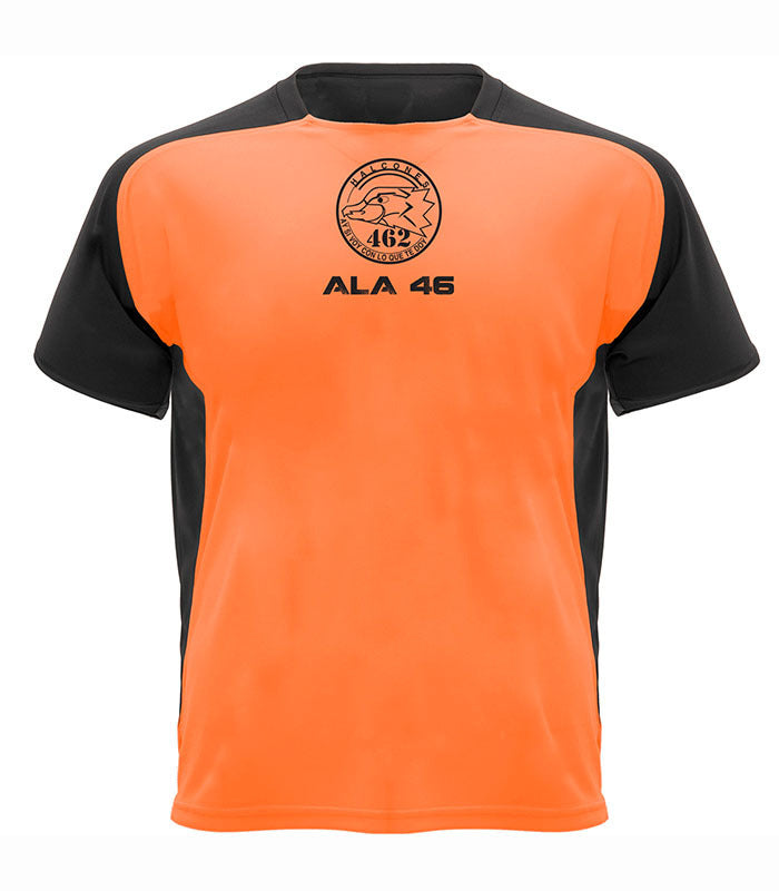 Camiseta técnica F/A-18 Ala 46 en color naranja fluor con negro, vista frontal mostrando diseño deportivo de manga ranglán
