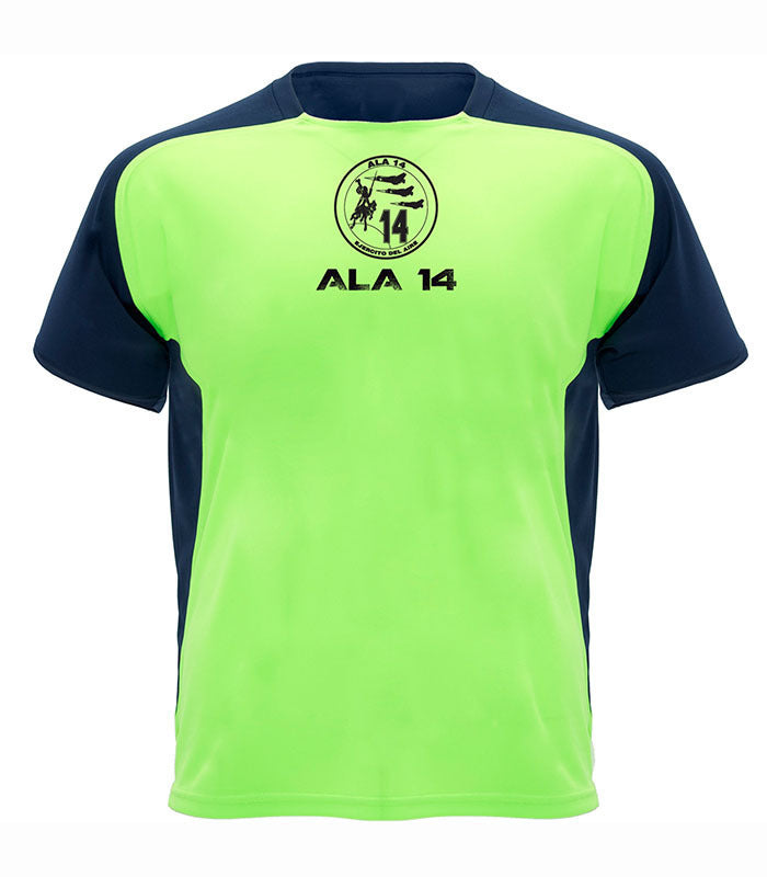 Camiseta técnica Eurofighter Ala 14 en verde fluor con marino, diseño bicolor inspirado en aviación militar española
