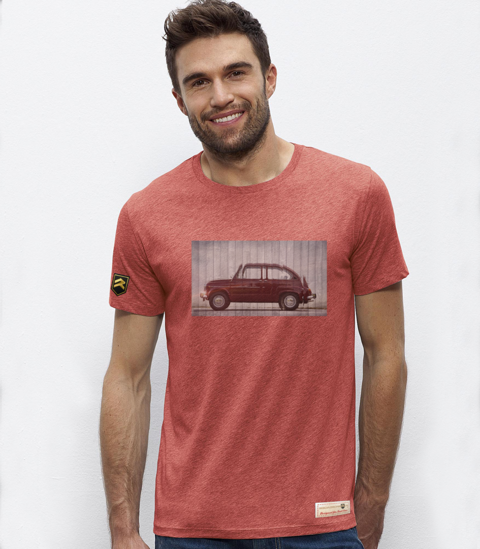 Camiseta Seat 600 Wood color rojo jaspeado - Diseño vintage coche clásico español algodón orgánico OCS
