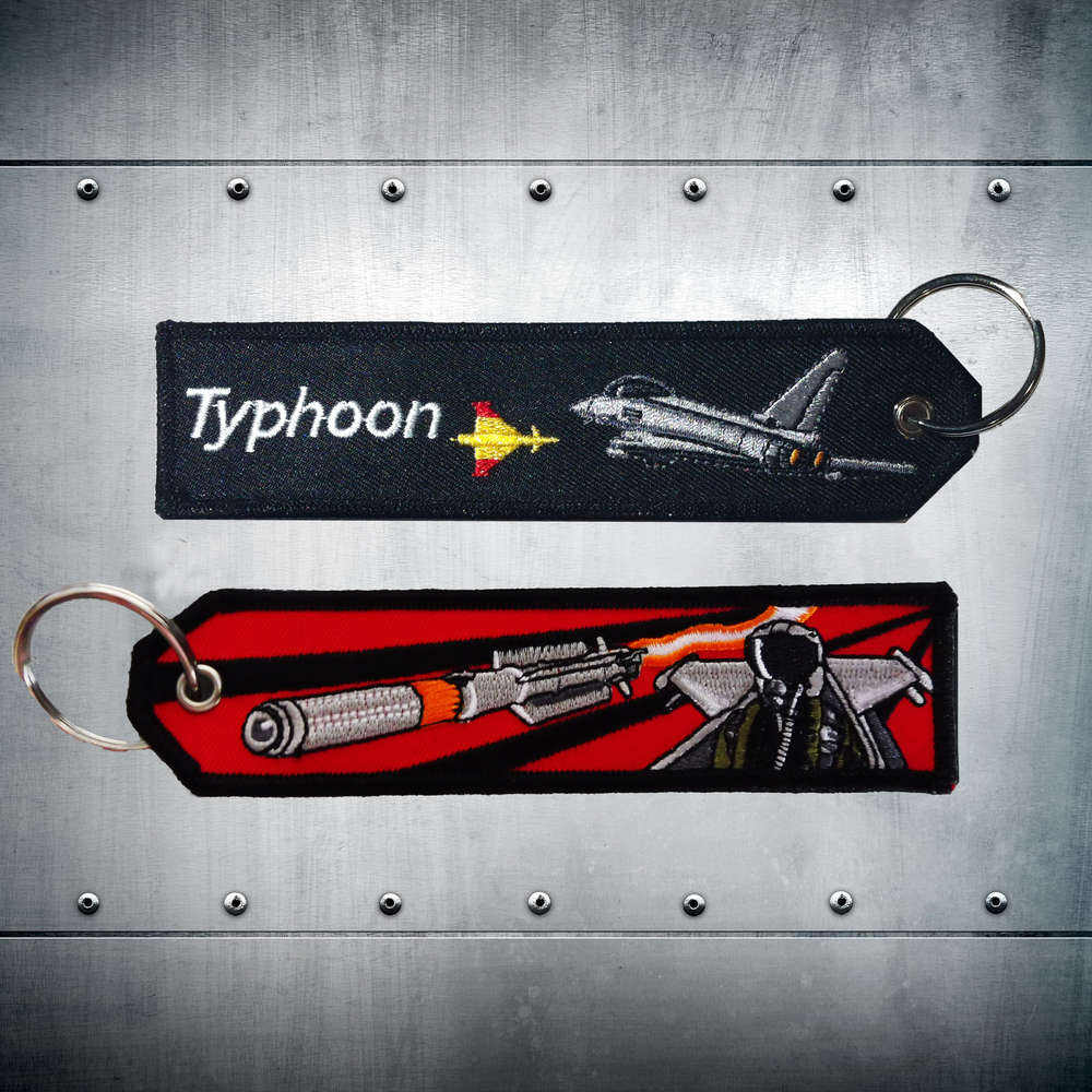 Llavero bordado Eurofighter Typhoon España en rojo, 40g, alta calidad, diseño Ala 11 y Ala 14, accesorio aviación militar