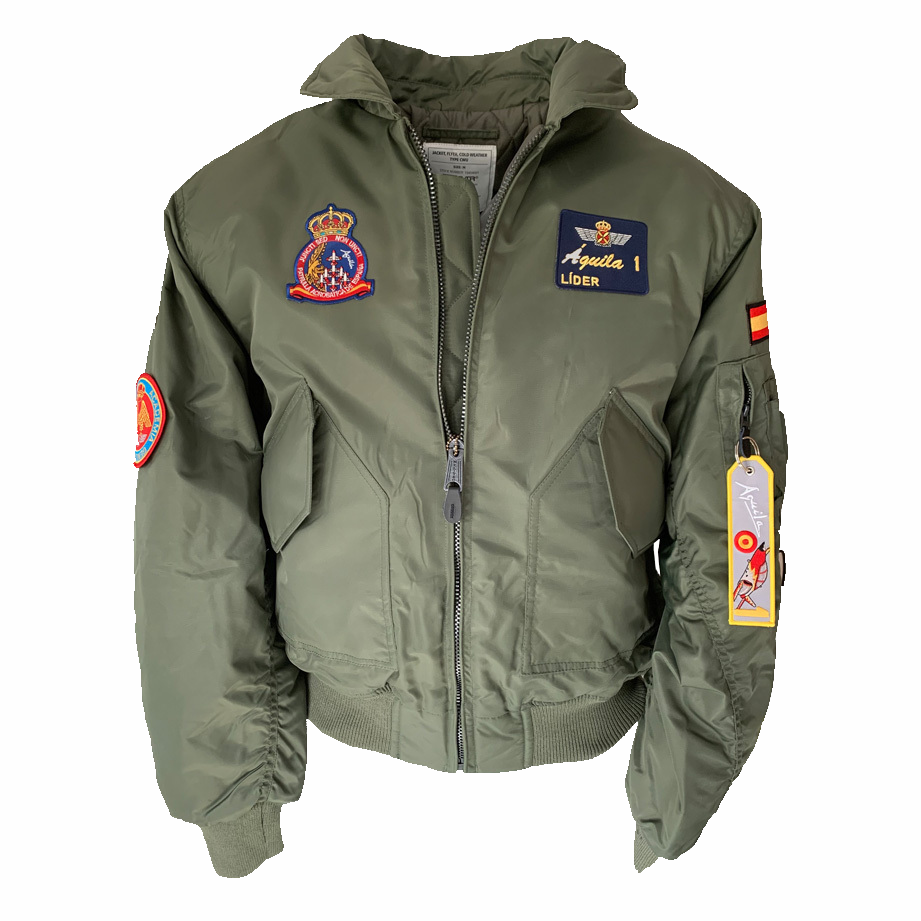 Cazadora piloto Patrulla Águila Líder CWU verde oliva, diseño oficial acrobacia aérea española