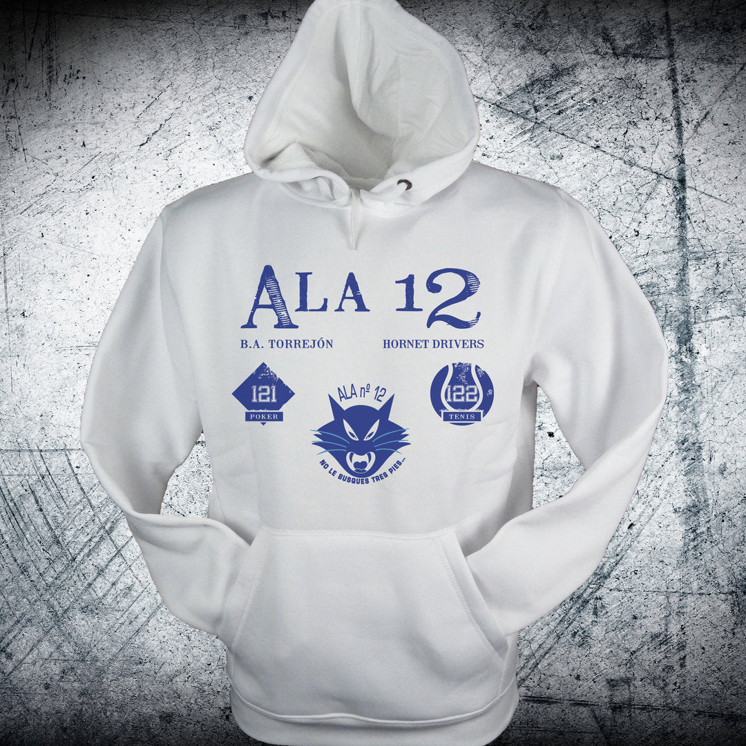 Sudadera blanca Ala 12 con emblemas de los escuadrones POKER y TENIS del Ejército del Aire español, capucha y bolsillo canguro
