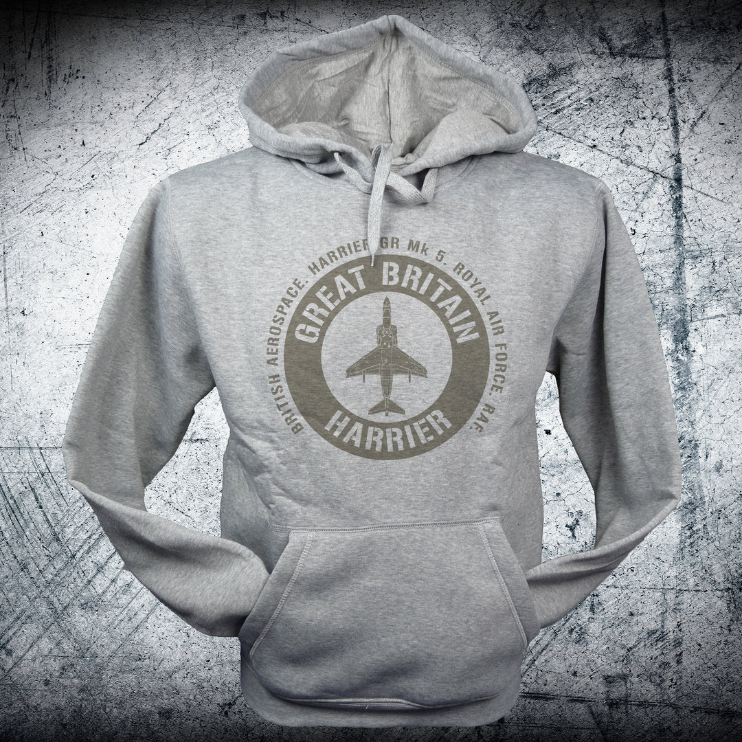 Sudadera HARRIER BRITAIN emblema dorado RAF con capucha y diseño elegante Harrier VTOL aviación militar británica

