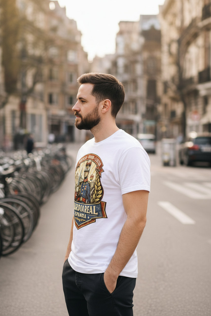 Camiseta vintage Guardia Real Española, diseño exclusivo militar, vista lateral izquierda algodón premium
