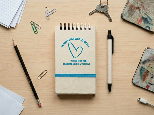 Libreta A6 ecológica UNniconico de cartón reciclado con banda elástica y bolígrafo azul incluido - 80 hojas a rayas
