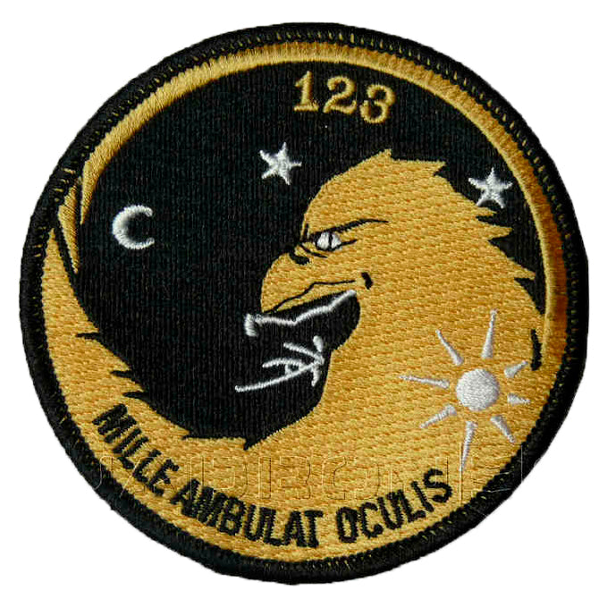 Detalle parche 123 Squadron Mille Ambulat Oculis - Emblema Ala 12 camina con mil ojos bordado 9cm
