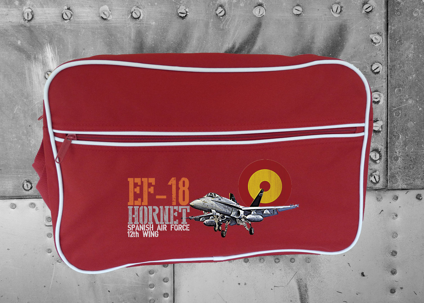 Vista lateral retro bag EF-18 Hornet - Diseño clásico aviación rojo
